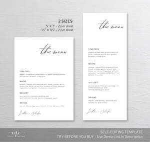 Minimalist Modern Calligraphy Wedding Menu Program Template, Minimal Simple & Stylish Dinner Menu Card, 100% Editable Printable Download 011