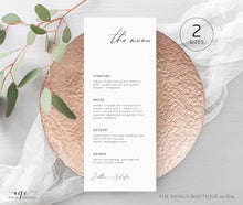 Load image into Gallery viewer, Minimalist Modern Calligraphy Wedding Menu Program Template, Minimal Simple &amp; Stylish Dinner Menu Card, 100% Editable Printable Download 011

