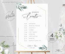 Load image into Gallery viewer, Gold Geometric Eucalyptus Wedding Program Sign Template, Editable Order of Service / Events, Wedding Timeline & Agenda, Ceremony Program 004