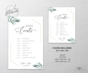 Gold Geometric Eucalyptus Wedding Program Sign Template, Editable Order of Service / Events, Wedding Timeline & Agenda, Ceremony Program 004