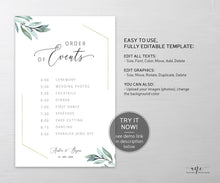 Load image into Gallery viewer, Gold Geometric Eucalyptus Wedding Program Sign Template, Editable Order of Service / Events, Wedding Timeline & Agenda, Ceremony Program 004