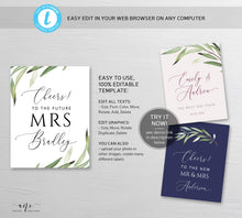 Load image into Gallery viewer, Greenery Bridal Wine Label Template, Watercolor Leaf, Boho Garden Wedding Shower sticker, Templett, Fully Editable, Printable, Download, 008