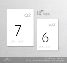 Load image into Gallery viewer, Minimalist Table Number Cards Template, Simple Modern Calligraphy Wedding Bridal Table Card 4x6 5x7, 100% Editable, Printable, Download 011