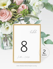 Load image into Gallery viewer, Minimalist Table Number Cards Template, Simple Modern Calligraphy Wedding Bridal Table Card 4x6 5x7, 100% Editable, Printable, Download 011