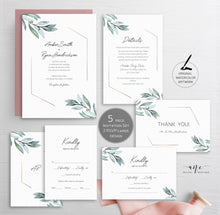 Load image into Gallery viewer, Geometric Greenery Wedding Template BUNDLE,Boho Garden Rose Gold, Eucalyptus Invite Set, Wedding Signs, 100% Editable, Download Templett 004