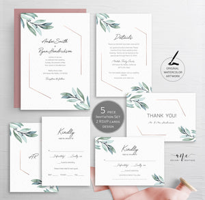 Geometric Greenery Wedding Template BUNDLE,Boho Garden Rose Gold, Eucalyptus Invite Set, Wedding Signs, 100% Editable, Download Templett 004