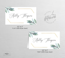 Load image into Gallery viewer, Gold Geometric Place Card Template, Printable Wedding Bridal Escort Card, Editable Name Cards, Boho Eucalyptus Greenery Watercolor, 004