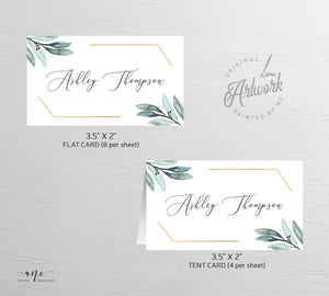 Gold Geometric Place Card Template, Printable Wedding Bridal Escort Card, Editable Name Cards, Boho Eucalyptus Greenery Watercolor, 004