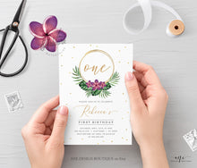 Load image into Gallery viewer, Tropical Birthday Invitation Template, Girl Birthday, Summer Beach Invite, Monstera & Plumeria, 100% Editable Printable Instant Download 002