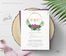 Load image into Gallery viewer, Tropical Birthday Invitation Template, Girl Birthday, Summer Beach Invite, Monstera & Plumeria, 100% Editable Printable Instant Download 002