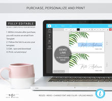 Load image into Gallery viewer, Tropical Place Card Template, Printable Wedding Bridal Escort Card, Editable Name Cards, Beach Palm Leaf Watercolor, Printable, Download 002