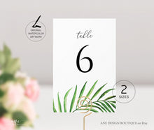 Load image into Gallery viewer, Tropical Table Numbers Template, Printable Wedding Table Seating Card, Beach Palm Leaf Greenery, Editable, Printable, Templett, Download 002