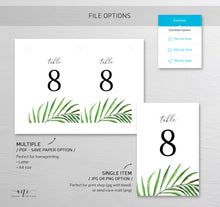 Load image into Gallery viewer, Tropical Table Numbers Template, Printable Wedding Table Seating Card, Beach Palm Leaf Greenery, Editable, Printable, Templett, Download 002