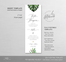 Load image into Gallery viewer, Tropical Photo Booth Insert Template, Favor Tag, Printable Bookmark, Place Card, Monstera Palm, Beach Wedding, Fully Editable, Download 002

