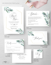 Load image into Gallery viewer, Gold Geometric Greenery Wedding Invitation Set Template, Garden Boho Wedding, Dusty Blue, Eucalyptus, 100% Editable, Printable Download 004A