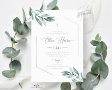 Load image into Gallery viewer, Eucalyptus Greenery Christening Invitation, Editable Template, Boy or Girl Baptism Invite, Neutral Silver Geometric, Printable, Download 004