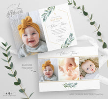 Load image into Gallery viewer, Photo Greenery Baptism Invitation Template, Announcement, Geometric Gold, Boy Girl Neutral Christening Invite, Editable Instant Download 004