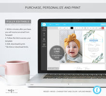 Load image into Gallery viewer, Photo Greenery Baptism Invitation Template, Announcement, Geometric Gold, Boy Girl Neutral Christening Invite, Editable Instant Download 004