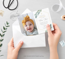 Load image into Gallery viewer, Photo Greenery Baptism Invitation Template, Announcement, Geometric Gold, Boy Girl Neutral Christening Invite, Editable Instant Download 004