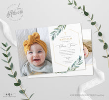 Load image into Gallery viewer, Photo Greenery Baptism Invitation Template, Announcement, Geometric Gold, Boy Girl Neutral Christening Invite, Editable Instant Download 004