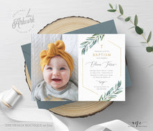 Load image into Gallery viewer, Photo Greenery Baptism Invitation Template, Announcement, Geometric Gold, Boy Girl Neutral Christening Invite, Editable Instant Download 004