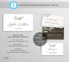 Load image into Gallery viewer, Boho Sage Greenery Place Card Template, Printable Wedding Bridal Escort Card, Fully Editable Name Cards, Willow Leaf, Printable Download 008