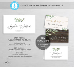 Boho Sage Greenery Place Card Template, Printable Wedding Bridal Escort Card, Fully Editable Name Cards, Willow Leaf, Printable Download 008