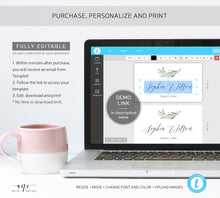 Load image into Gallery viewer, Boho Sage Greenery Place Card Template, Printable Wedding Bridal Escort Card, Fully Editable Name Cards, Willow Leaf, Printable Download 008