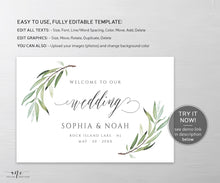 Load image into Gallery viewer, Boho Sage Greenery Wedding Welcome Sign Template, 100% Editable Olive Branch Board Sign, Willow Eucalyptus Watercolor Printable Download 008
