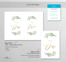 Load image into Gallery viewer, Boho Greenery Gold Text Table Number Card Template, Olive Wedding Table Card 4x6 5x7, Original Sage Watercolor, Editable, DIY, Printable 008
