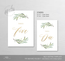 Load image into Gallery viewer, Boho Greenery Gold Text Table Number Card Template, Olive Wedding Table Card 4x6 5x7, Original Sage Watercolor, Editable, DIY, Printable 008