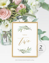 Load image into Gallery viewer, Boho Greenery Gold Text Table Number Card Template, Olive Wedding Table Card 4x6 5x7, Original Sage Watercolor, Editable, DIY, Printable 008