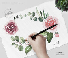 Load image into Gallery viewer, Geometric Eucalyptus Floral Wedding Invitation Set Printable Template, Greenery Mauve Roses Watercolor Artwork, Rose Gold, 100% Editable 007