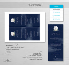 Load image into Gallery viewer, Celestial Moon Wedding Menu Template, Starry Night Sky Dinner Menu Card, Sacred Geometry, Blue Galaxy Space, Editable Printable Download 022