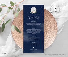 Load image into Gallery viewer, Celestial Moon Wedding Menu Template, Starry Night Sky Dinner Menu Card, Sacred Geometry, Blue Galaxy Space, Editable Printable Download 022