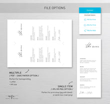 Load image into Gallery viewer, Minimalist Modern Calligraphy Wedding Menu Program Template, Minimal Simple & Stylish Dinner Menu Card, 100% Editable Printable Download 011