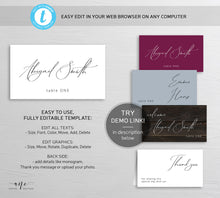 Load image into Gallery viewer, Minimalist Modern Calligraphy Place Card Template, Printable DIY Wedding Bridal Escort Card, 100% Editable Table Name Cards, Download, 011