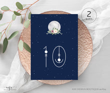 Load image into Gallery viewer, Celestial Moon Wedding Table Numbers Template, Starry Night Sky Bridal Table Card, Sacred Geometry, Galaxy Space, Editable Printable DIY 022