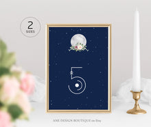 Load image into Gallery viewer, Celestial Moon Wedding Table Numbers Template, Starry Night Sky Bridal Table Card, Sacred Geometry, Galaxy Space, Editable Printable DIY 022