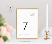 Load image into Gallery viewer, Minimalist Table Number Cards Template, Simple Modern Calligraphy Wedding Bridal Table Card 4x6 5x7, 100% Editable, Printable, Download 011
