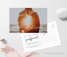 Load image into Gallery viewer, Photo Postponed Wedding Postcard Template, Change the Date Printable, Change of Plans Announcement Card, Fully Editable Instant Download 011