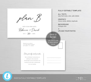 Change of Plans Wedding Postcard Template, Postponed Wedding Printable, Change the Date Announcement Card, Fully Editable, Inst Download 011