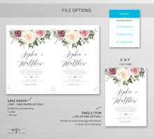 Load image into Gallery viewer, Spring Mauve Rose Floral Wedding Invitation Set Template, Eucalyptus Blush Roses Watercolor Invite Suite, Editable, Printable Download 007