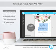 Load image into Gallery viewer, Spring Mauve Rose Floral Wedding Invitation Set Template, Eucalyptus Blush Roses Watercolor Invite Suite, Editable, Printable Download 007