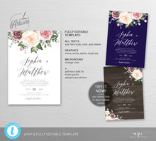 Load image into Gallery viewer, Spring Mauve Rose Floral Wedding Invitation Set Template, Eucalyptus Blush Roses Watercolor Invite Suite, Editable, Printable Download 007