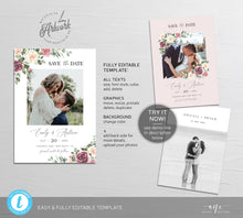 Load image into Gallery viewer, Floral Photo Save The Date Template, Unique Mauve Rose Printable Wedding Date Announcement Card with Photo, Editable, Download, Templett 007