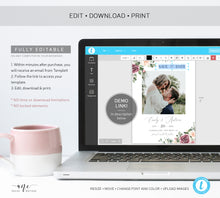 Load image into Gallery viewer, Floral Photo Save The Date Template, Unique Mauve Rose Printable Wedding Date Announcement Card with Photo, Editable, Download, Templett 007
