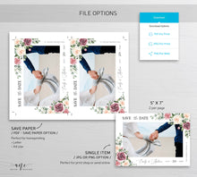 Load image into Gallery viewer, Boho Floral Photo Save The Date Template, Mauve Rose Printable Rustic Wedding Date Announcement Card with Photo, Editable, DIY, Download 007