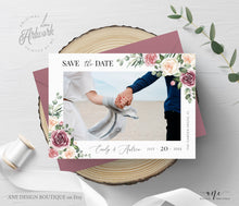 Load image into Gallery viewer, Boho Floral Photo Save The Date Template, Mauve Rose Printable Rustic Wedding Date Announcement Card with Photo, Editable, DIY, Download 007