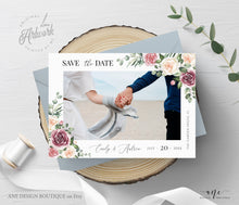 Load image into Gallery viewer, Boho Floral Photo Save The Date Template, Mauve Rose Printable Rustic Wedding Date Announcement Card with Photo, Editable, DIY, Download 007